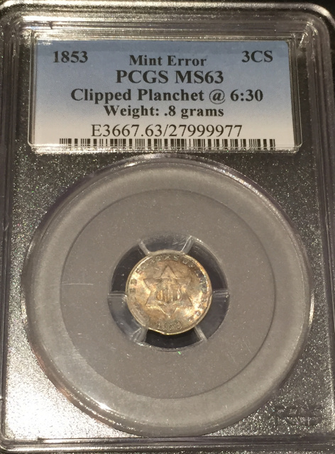 1853 PCGS MS63 3cS Clipped Planched